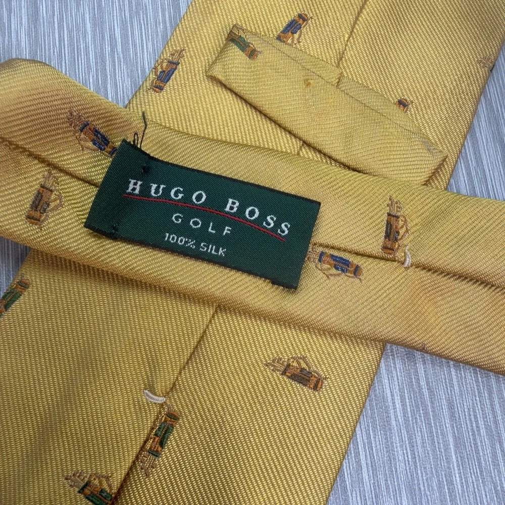 Hugo Boss Tie Golf Silk Gold‎ Club Print Made in Italy Mens